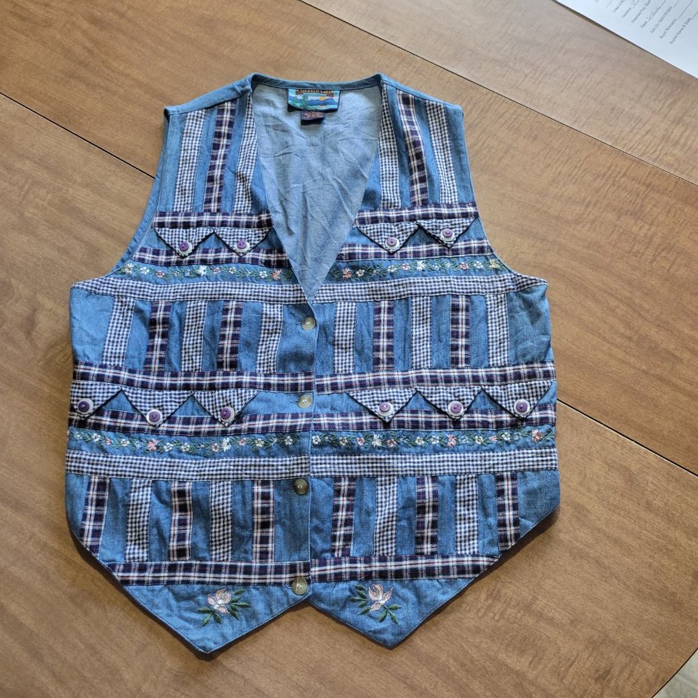 Shaver Lake Vest Size L Blue Embroidered Patchwork